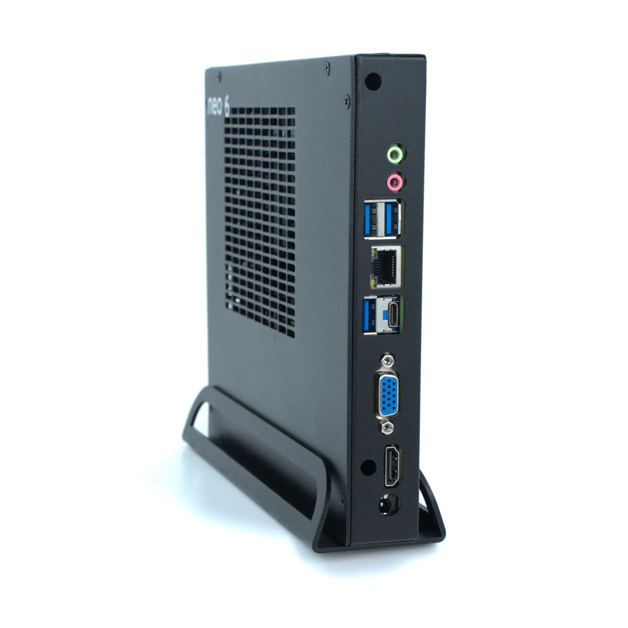 Thinvent® Treo Mini PC, Intel® processor N97 (4 core, up to 3.6 GHz, 6 MB cache), 4GB DDR4 RAM, 128GB SSD, 12V 5A Adapter, No WiFi, Ubuntu Linux | Treo N97 Vertical Rear Perspective view